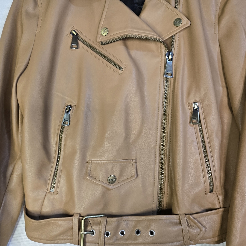 DKNY Women's Size Large Tan Faux Leather Moto Jacket, Belted With Zipper Details - Picture 7 of 11